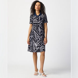 JOSEPH RIBKOFF Abstract Print Shirt Dress Size 12 Navy White Aline Travel